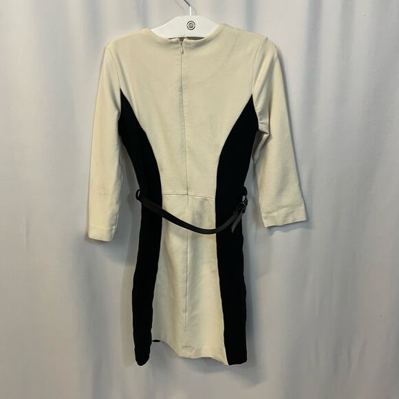 Mango White Long Sleeve Structured Sheath Dress Black Panels Belt Medium - Picture 7 of 7